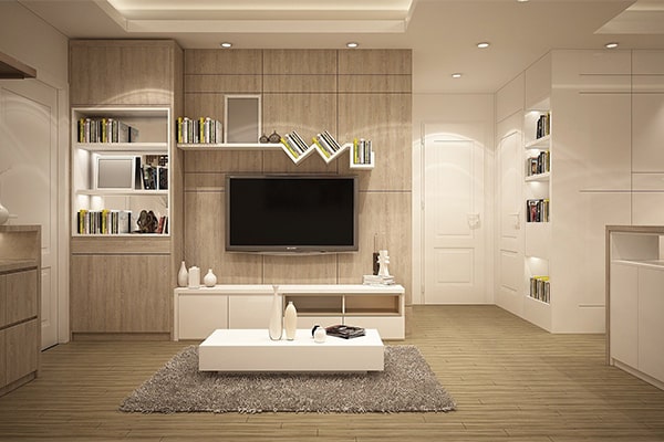 a modern television setup with a modern wooden finish